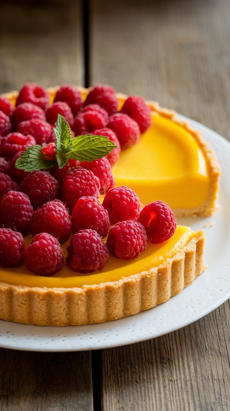 Zesty Raspberry Lemon Tart Recipe A raspberry lemon tart with a flaky crust, fresh raspberries on top, displayed on a white plate.